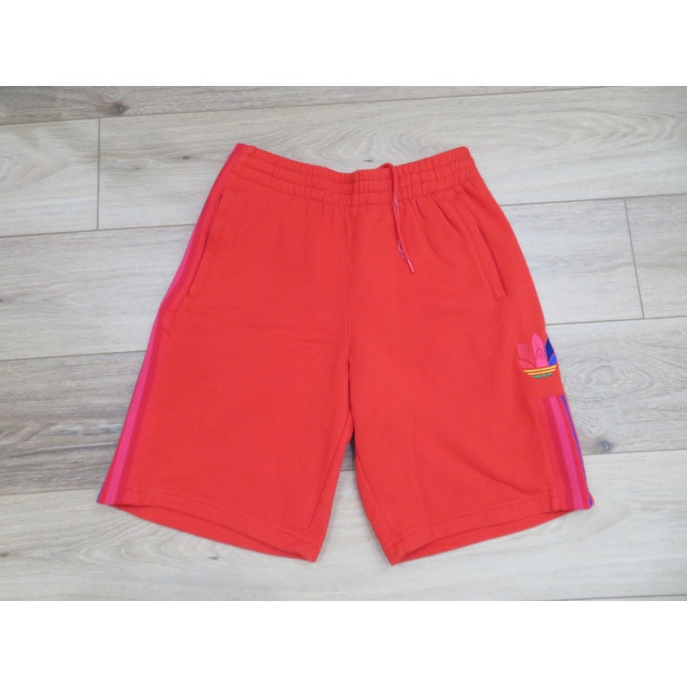 Adidas Sweat Shorts Mens Medium Red Fleece 3D Trefoil Striped Pockets Athletic